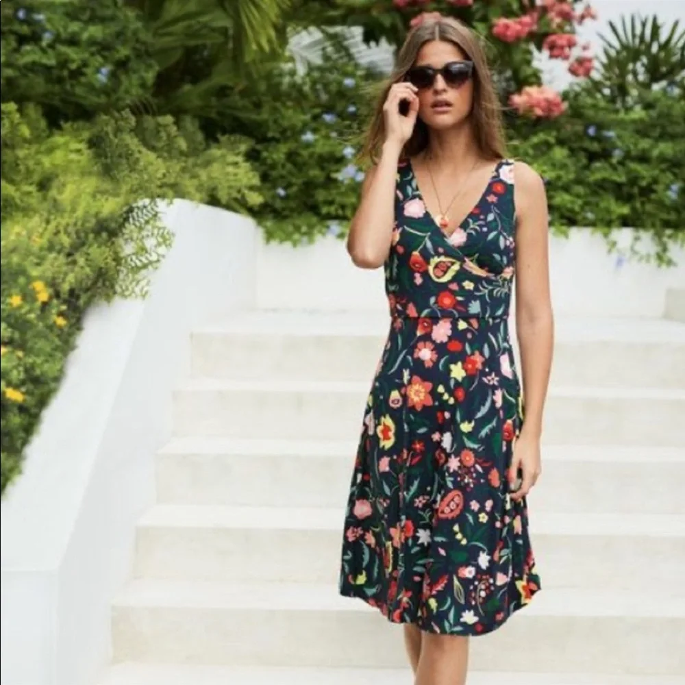 Boden Navy Floral Midi Dress with Multicolor Flowers - Picture 1 of 8